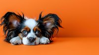 Adorable Papillon dog with distinctive black and white fur lying down on orange background, looking at camera with expressive eyes. Perfect for pet care advertising.