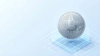 Silver bitcoin cryptocurrency coin floating above glowing blue digital grid layers representing blockchain technology and digital finance innovation.