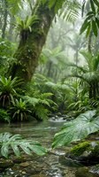 Lush tropical rainforest stream surrounded by dense ferns, moss-covered trees, and verdant vegetation in misty jungle environment. Use for nature, travel, and environmental design projects.