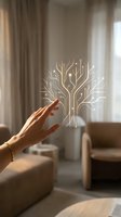 Hand protecting glowing digital tree circuit pattern symbolizing technology growth, innovation and environmental sustainability in modern interior.