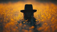 Silhouette of person wearing wide brim hat in golden rapeseed field during sunset, mysterious atmospheric countryside scene with blooming flowers.