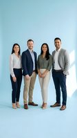 Diverse business team of four professionals standing together in modern office attire against light blue background for corporate marketing materials.