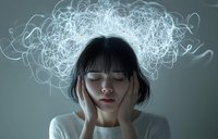 Young Asian woman with closed eyes and hands on face surrounded by glowing chaotic lines representing anxiety, stress, or overthinking.
