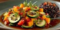 Fresh Mediterranean vegetable salad with zucchini, tomatoes and herbs served with black rice on ceramic plate for healthy dining and nutrition.