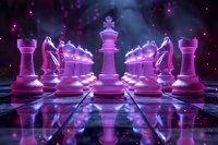 Chess pieces on reflective board with dramatic purple lighting and bokeh effects in background create mystical atmosphere for strategy and gaming concepts.