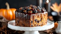 Chocolate pumpkin bread topped with dark chocolate ganache, candied nuts and dried fruits on white cake stand. Cozy autumn baking with pumpkins in background.