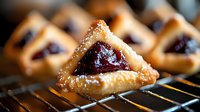 Traditional triangular hamantaschen cookies with sweet berry jam filling and sugar sprinkles on cooling rack, fresh from oven, macro food photography.