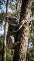 Koala bear climbing eucalyptus tree trunk in natural forest habitat showing native Australian wildlife behavior and marsupial adaptation to arboreal lifestyle.