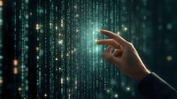 Hand reaching towards glowing digital matrix code with falling numbers and light particles against dark background, representing cyber security and technology concept.