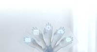 Business professional selecting digital communication icons with finger touch interface for modern workplace technology solutions.