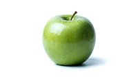 Fresh green apple isolated on white background, ready for design use in food, nutrition, health and wellness projects.