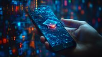 Futuristic smartphone display with glowing graduation cap icon amid digital data streams and bokeh lights, symbolizing online education and digital learning technology.