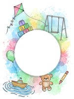 Watercolor children toys frame with kite, blocks, swing, balloon, boat, teddy bear and pencil on colorful background with white circle space for text.