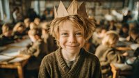 Young blonde boy wearing paper crown smiling in classroom setting with students at wooden desks during school activity or celebration event.