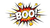 Comic book explosion burst with BOO text in retro pop art style. Colorful starburst effect with dynamic rays and speech bubble design for Halloween themes.