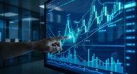 Financial analyst touching interactive holographic stock market chart with glowing data visualization in modern trading office environment.