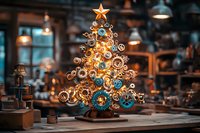 Steampunk Christmas tree made from metal gears and cogs illuminated with warm lights on wooden workbench, industrial workshop atmosphere with vintage tools.