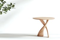 Modern wooden side table with twisted pedestal base and round top against white background, minimalist furniture design for contemporary interiors.