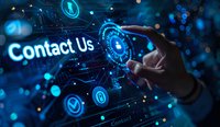 Hand touching virtual contact interface with glowing blue technology icons and circles on dark background, representing digital customer service concept.