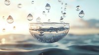 Water drops levitate above glass with clear liquid against blurred nature background, creating surreal macro photography effect with light refraction and bokeh for wellness concept.