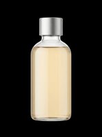 Clear glass bottle with golden liquid and silver cap, isolated on transparent background. Ready for cosmetic, skincare, serum, or essential oil product design, stickers, and print on demand.