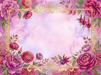 Watercolor floral frame with pink and purple peonies, fuchsia flowers, and gold ornamental border on soft lavender background for cards.