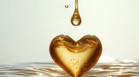 Golden honey drop forming heart shape above rippling liquid surface with falling droplet creating romantic food photography composition against light background.