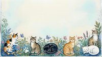 Watercolor cats sitting among wildflowers and botanical elements creating decorative border frame for greeting cards and stationery designs.