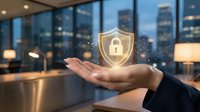 Businessman hand holding glowing security shield with lock icon in modern office. Digital protection, cybersecurity and data safety concept for business.