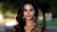 Young South Asian woman in ornate traditional embroidered attire with gold earrings, smiling outdoors with soft bokeh background.