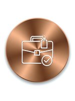 Copper metallic button with white briefcase and checkmark icon isolated on transparent background for business apps and web design.