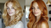 Young Caucasian woman with blonde wavy hair and natural makeup next to redhead with long flowing hair, both wearing light colored tops, showing different hair color styles.
