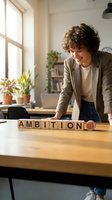 Young man with curly brown hair and light skin tone, wearing casual beige cardigan and white shirt, smiling while arranging wooden letter blocks spelling ambition with target symbol on desk in bright office space.