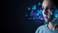 Young woman with futuristic holographic interface displaying data analytics and digital technology elements on dark background for business presentations.
