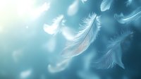Ethereal white feathers floating against dreamy turquoise background with soft bokeh lights create peaceful, spiritual atmosphere for wellness and meditation designs.