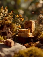 Artisanal honey soap bars on wooden stump surrounded by moss, ferns, and flying bees in warm golden light, creating natural organic skincare scene.