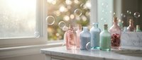 Colorful glass bottles arranged on marble countertop near window with soft natural light and bokeh bubbles creating dreamy spa atmosphere for wellness.