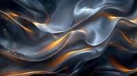 Flowing abstract waves in dark gray and orange colors create dynamic motion effect with glowing particles and smooth curves against black background.
