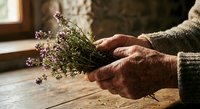 Elderly hands holding fresh thyme herbs in rustic kitchen setting. Natural cooking ingredients and traditional culinary preparation concept.