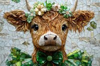 Adorable highland cow calf portrait with green bow tie and flower crown, mosaic art style composition featuring detailed texture and whimsical farmyard character.