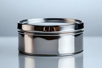 Metallic round container with reflective chrome finish on neutral background, featuring sleek minimalist design and polished surface with lid for cosmetic or jewelry storage.