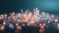Glowing abstract cityscape with luminous bokeh lights against dark teal background creates dreamy urban nightscape effect. Soft focus light pillars rise upward.