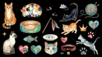 Watercolor cat clipart set with kittens, toys, beds, and accessories, isolated on transparent background. Great for stickers, t-shirt design, and print on demand.