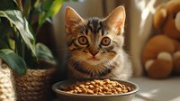 Adorable tabby kitten looking at dry food bowl in cozy home setting with natural sunlight, houseplant and woven basket, capturing mealtime anticipation.