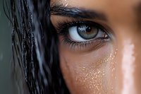 Close up macro shot of brown eye with long eyelashes and wet black hair strands. Water drops on tanned skin create dramatic effect for beauty and cosmetic advertising.