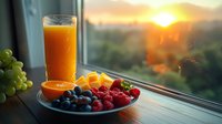Fresh orange juice and colorful berries plate with raspberries, blueberries, grapes and mango chunks on wooden table by window during golden sunset.