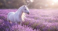 White unicorn with flowing mane standing in purple lavender field during golden hour sunset with magical bokeh light effects and dreamy atmosphere.