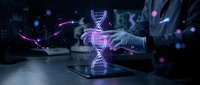 Businessman in suit touching holographic DNA double helix structure on tablet screen with glowing purple light effects in modern laboratory setting.