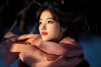 Young Asian woman with red lipstick in dramatic lighting, wind blowing through dark hair, bare shoulders, contemplative expression against dark background with blue highlights.