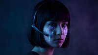 Young Asian woman with futuristic headset, glowing digital tears on face, neon purple light, cyberpunk concept, technology and emotion theme.